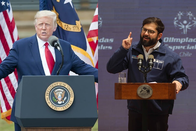 Boric llama dictadura al gobierno de Maduro mientras Trump apoya a la oposición venezolana Retrato de Boric en un evento público.